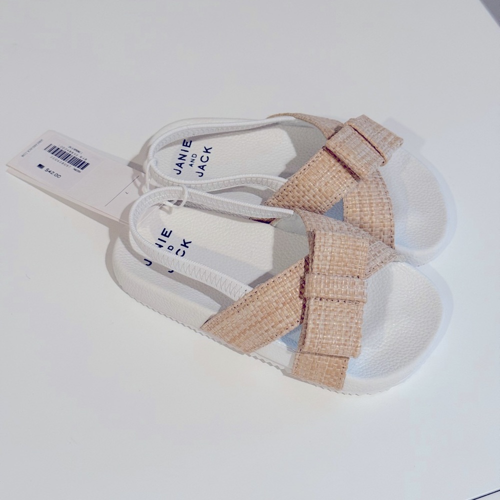 Janie and Jack Kids Sandals - Tan and White Woven Pool Slide - Picture 2 of 3